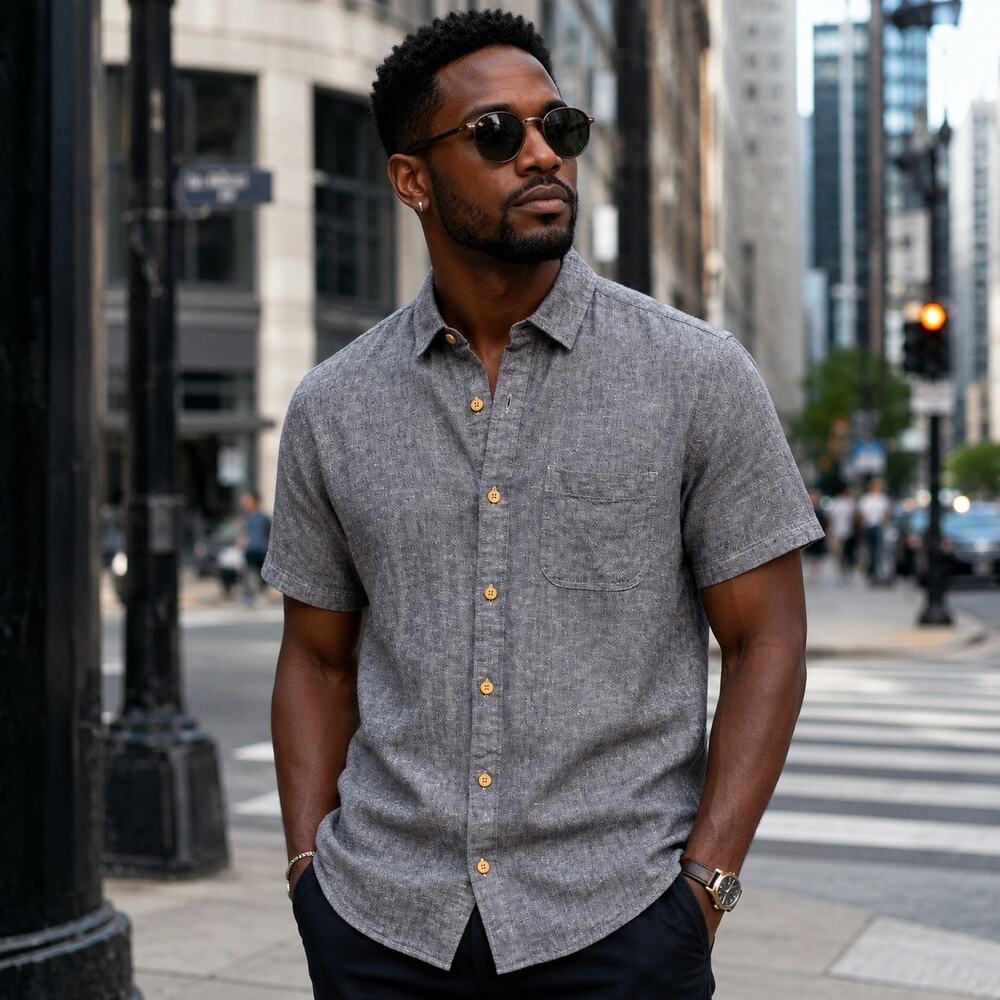 Even Tide Short Sleeve Chambray Cotton/Linen Men’s Button Up Sz L Coastal Casual